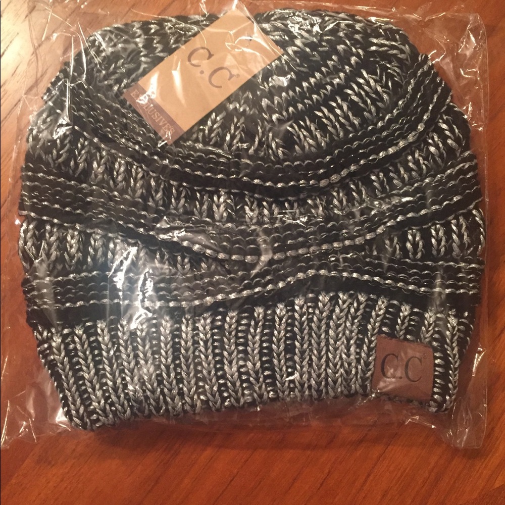 Black and silver metallic beanie