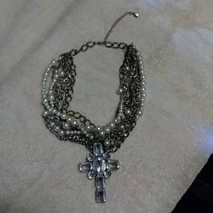 Multiple chain necklace with bling cross