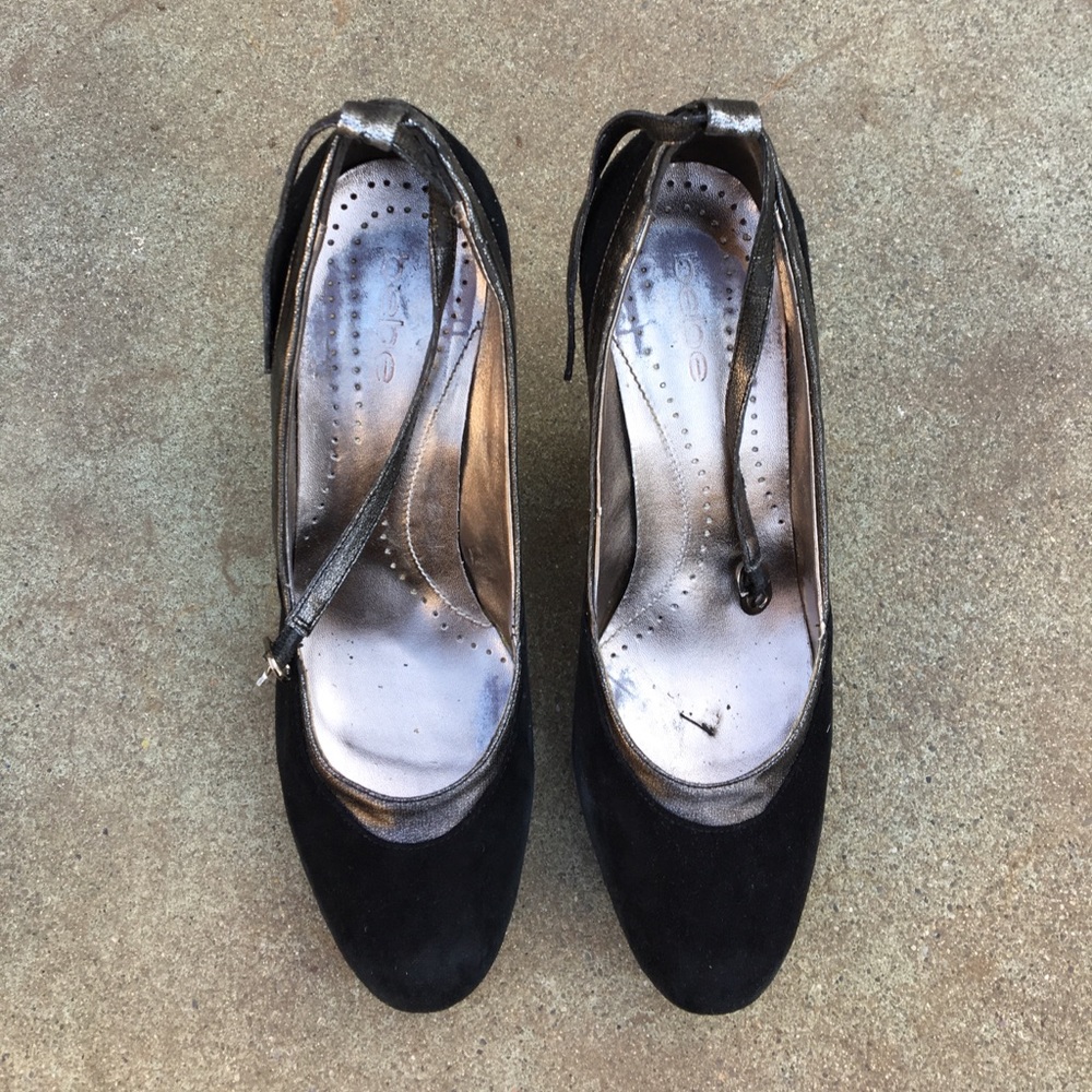 Bebe black suede and leather ankle strap heel