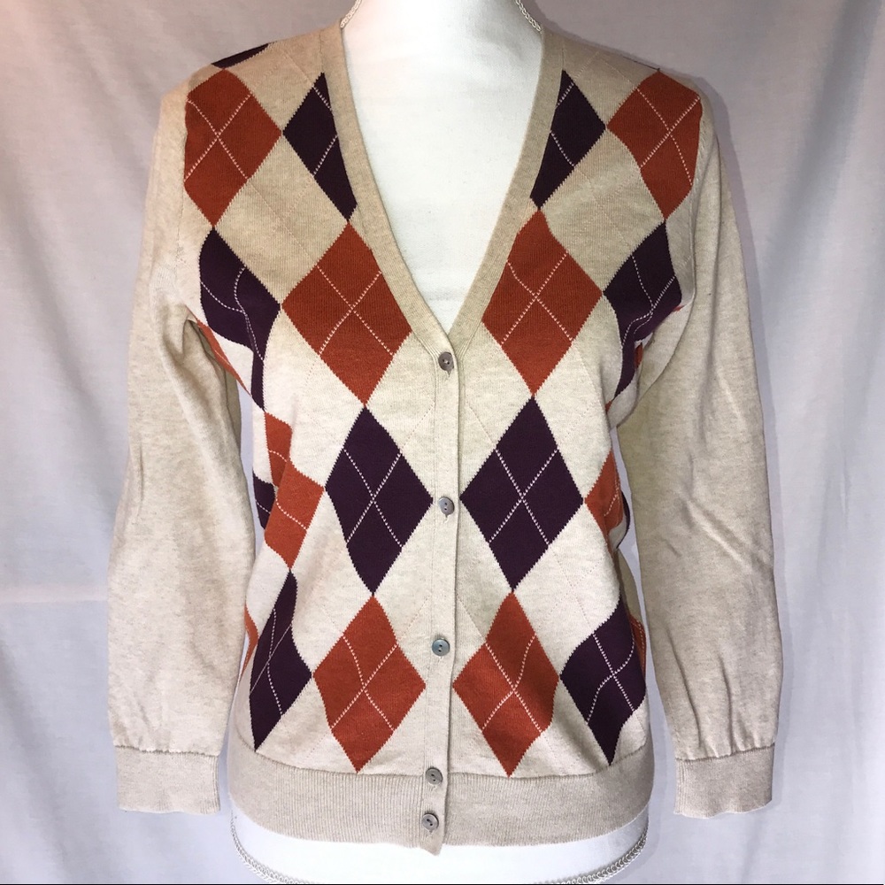 Lands End Tan Purple Rust Argyle Cotton Cardi