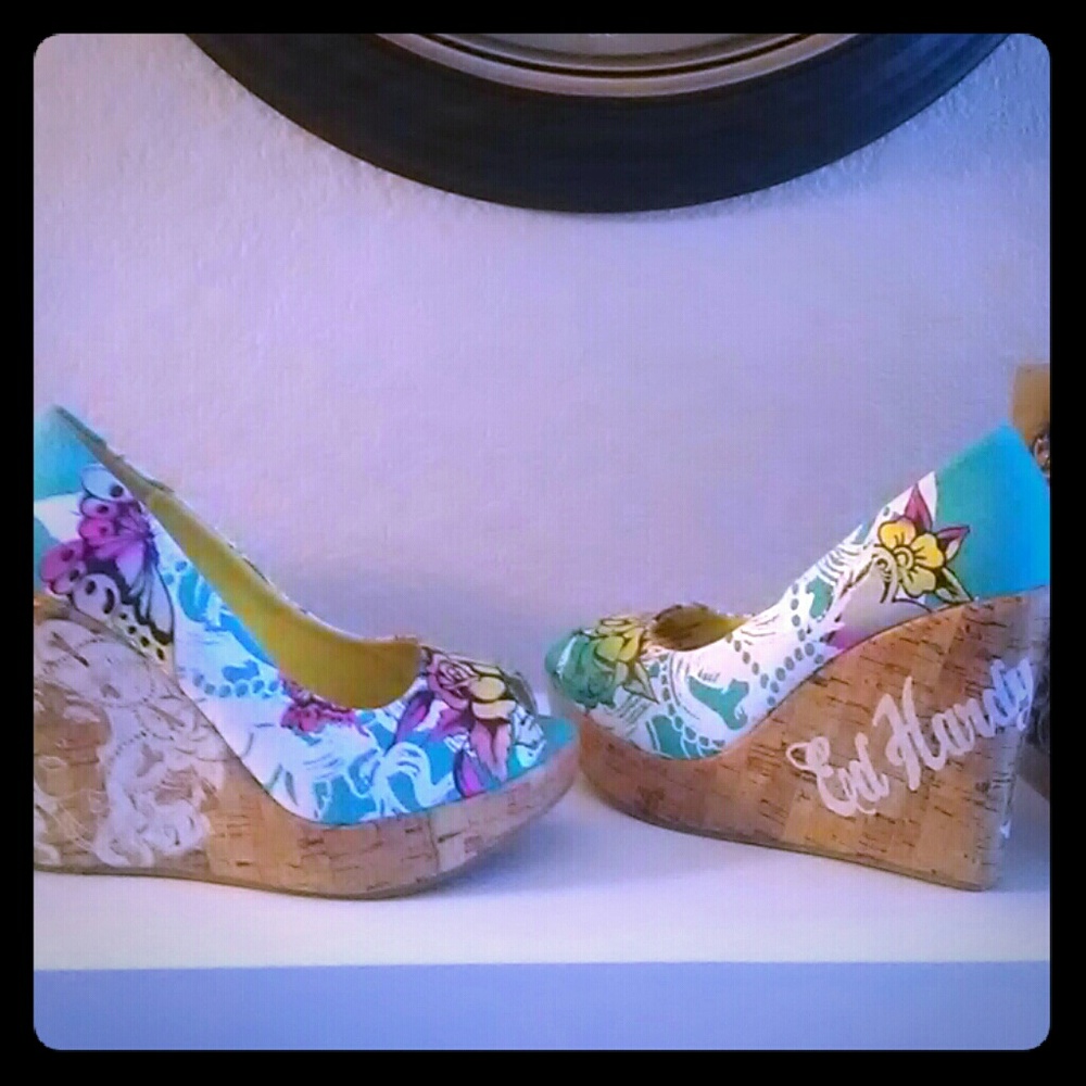 Super CUTE colorful Ed Hardy peep-toe wedges