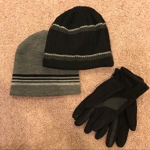 2 winter hats 1 pair of winter gloves