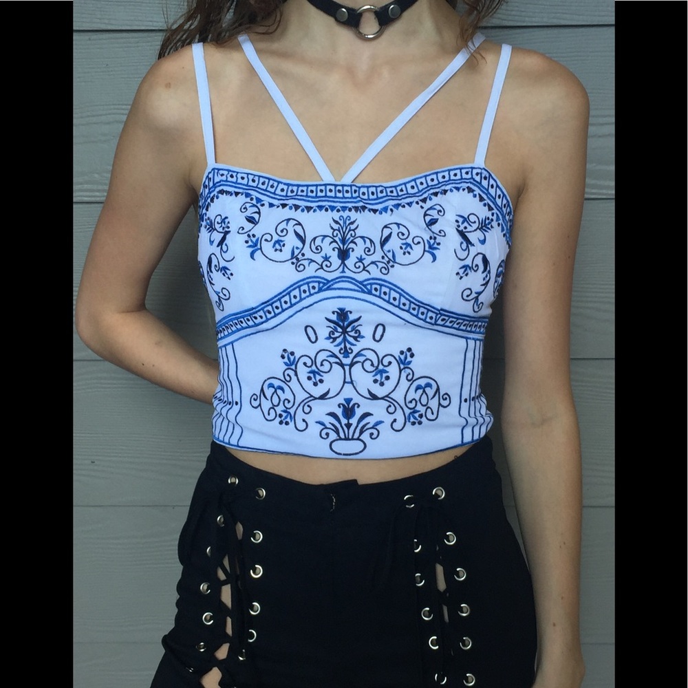 Blue embroidered strapped crop top