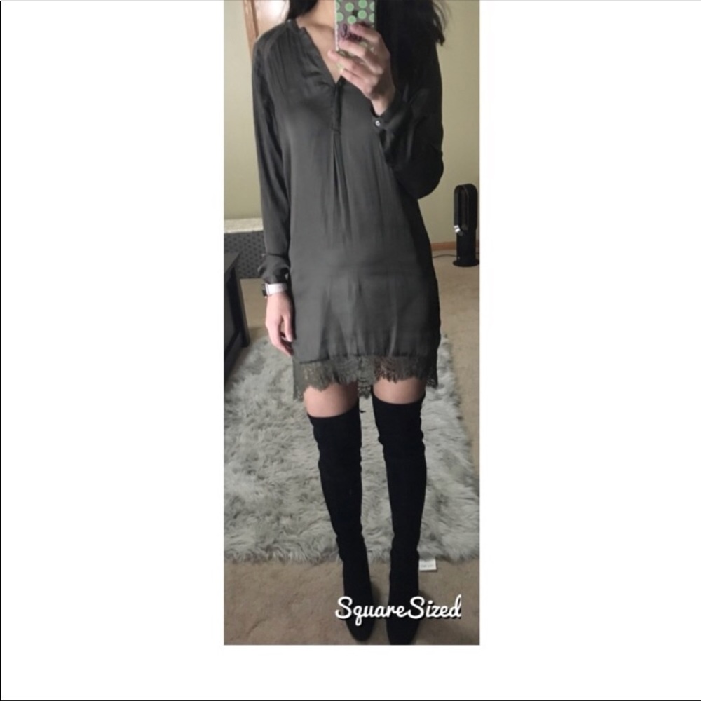 Silky Shirt Dress with Lace Trim