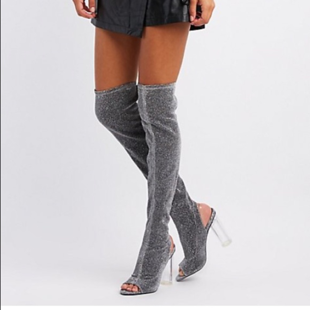 Silver glitzy pull on over the knee boots