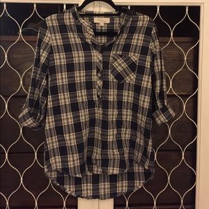Olive & Oak Black and White Collarless Plaid Shirt