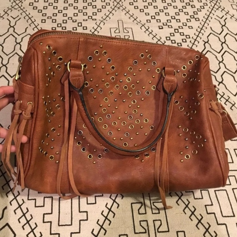 Brown tassel studded shoulder bag tote