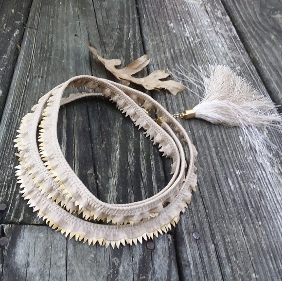 lotus love Jewelry - Triple wrap tan Leather RUFFLE tassel CHOKER neckl