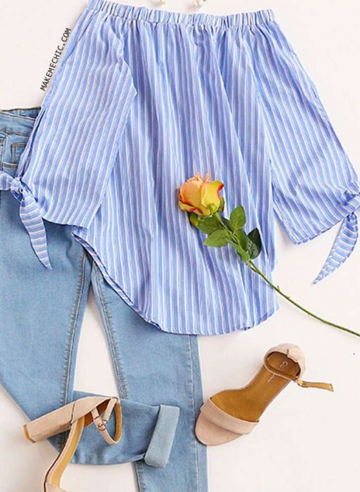 Red & White stripped off the shoulder button down