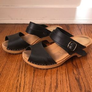 Swedish wooden leather black clogs