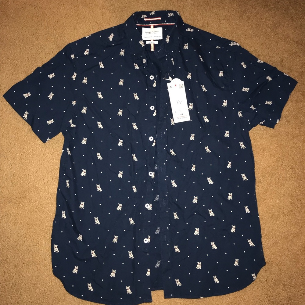 A navy blue short-sleeve shirt with bulldog prints