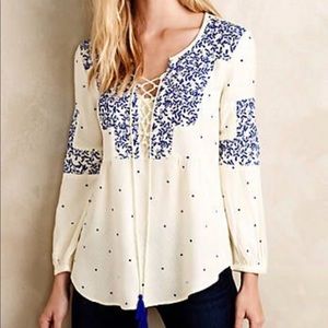 Anthropologie Embroidered polka dot top