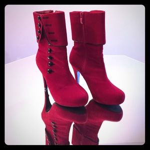 Red Velvet Ankle Boots with Black Buttons