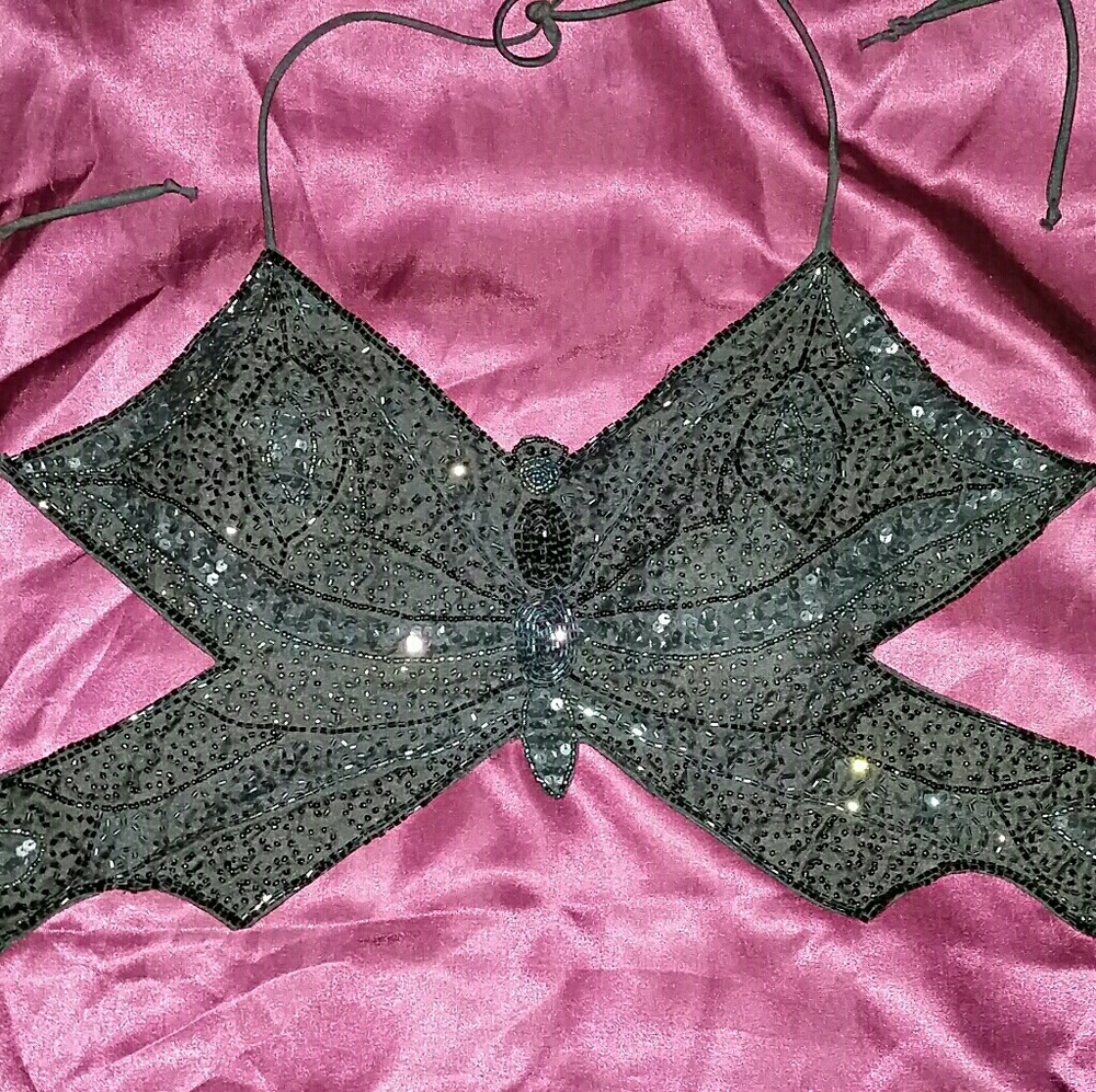 Sequined butterfly string tie halter top