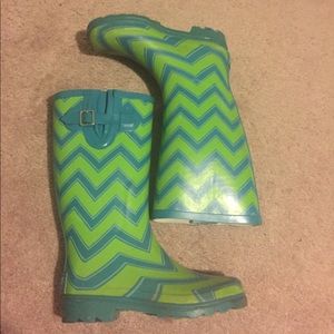 Blue and green chevron rain boots