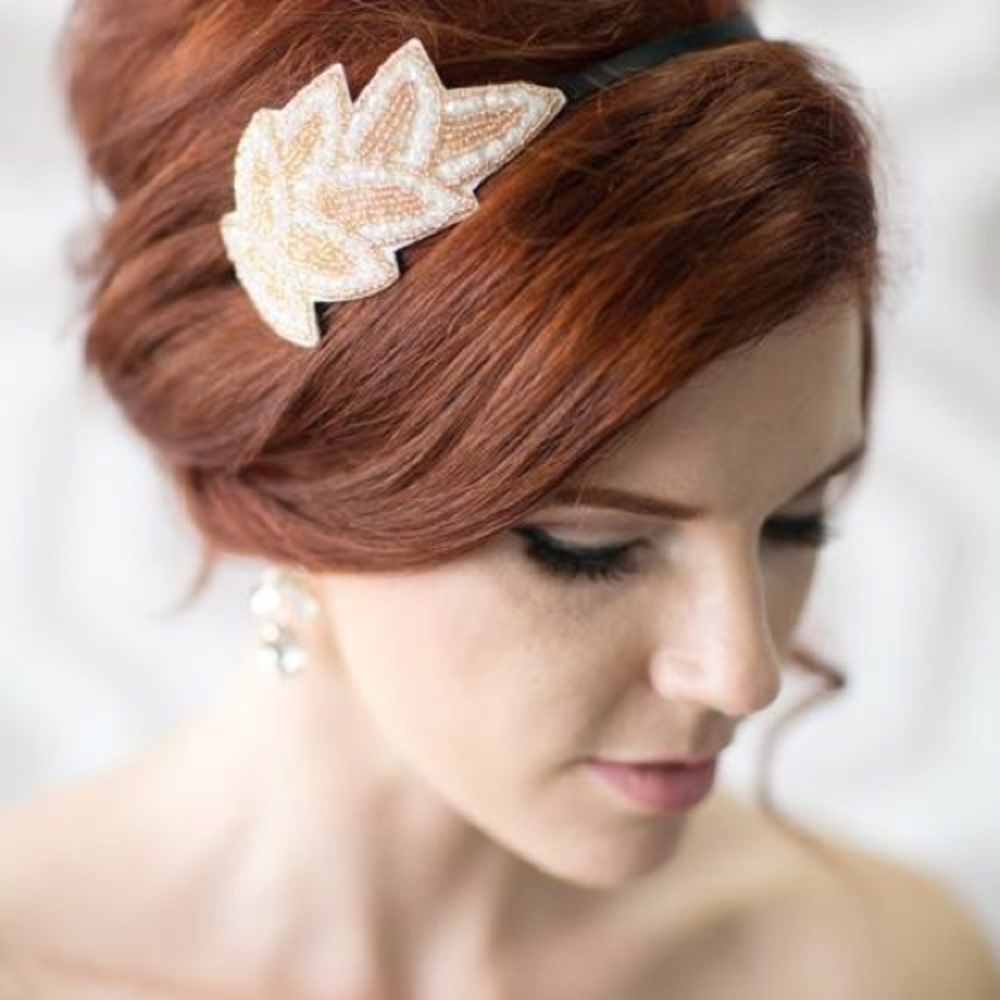 Handmade beaded gold leaf headband