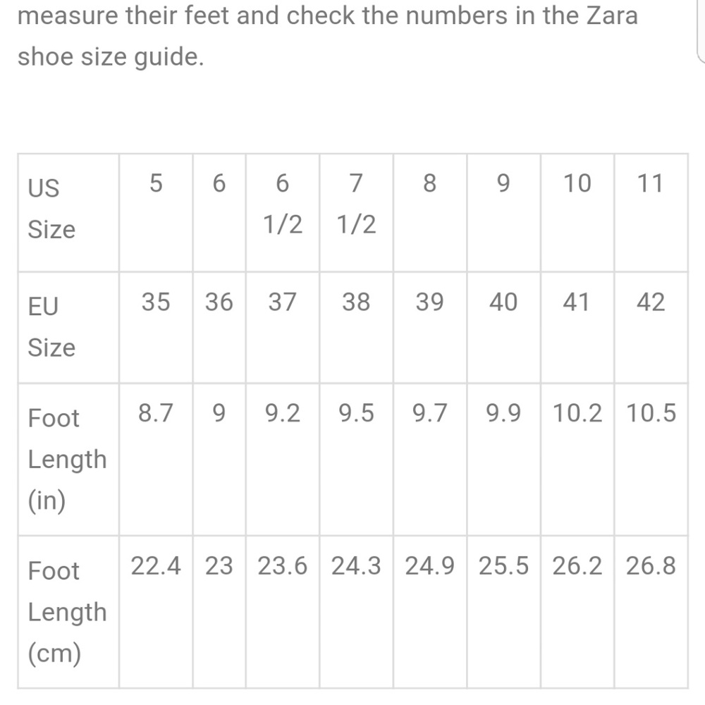 Zara shoe size chart