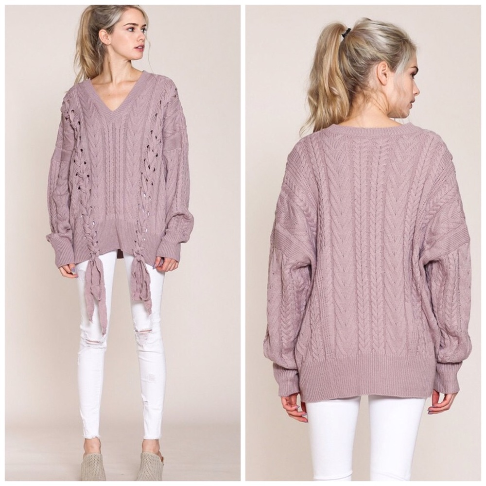Gorgeous Mauve Lace Up Sweater - Picture 2 of 2