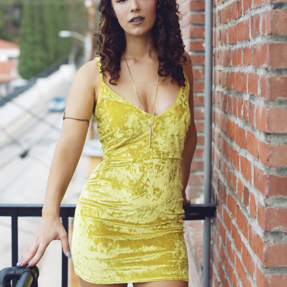 Yellow crushed velvet dress