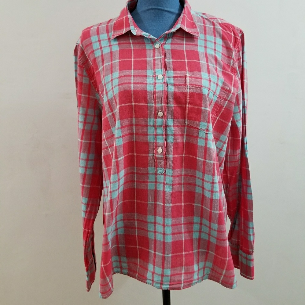 J. Crew Plaid Half Button Top
