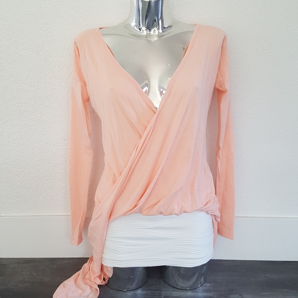 Peach Pink High Low Draped Long Sleeve