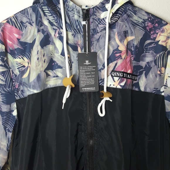 Unisex Windbreaker Floral and Solid Black - Picture 2 of 4