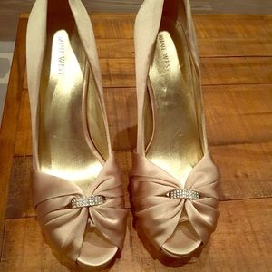 Gold, Satin Nine West Peep Toe Heels