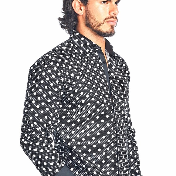 POLKA DOT PRINT BLACK MODERN FIT BUTTON UP SHIRT - Picture 1 of 5