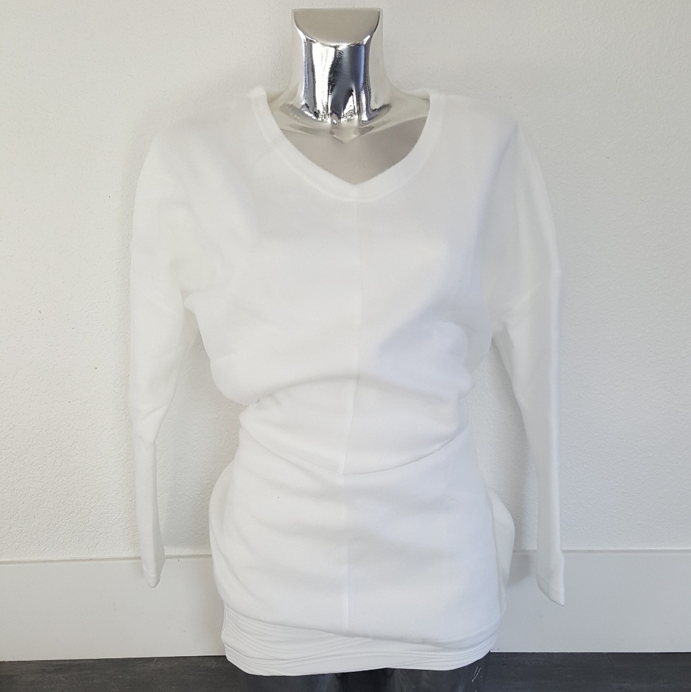 White Fleece Sweater Vneck Long Sleeve
