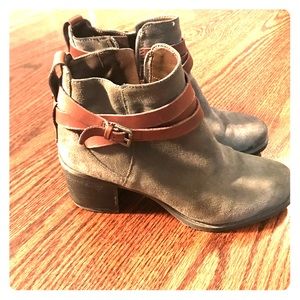 Grey suede booties with brown leather straps