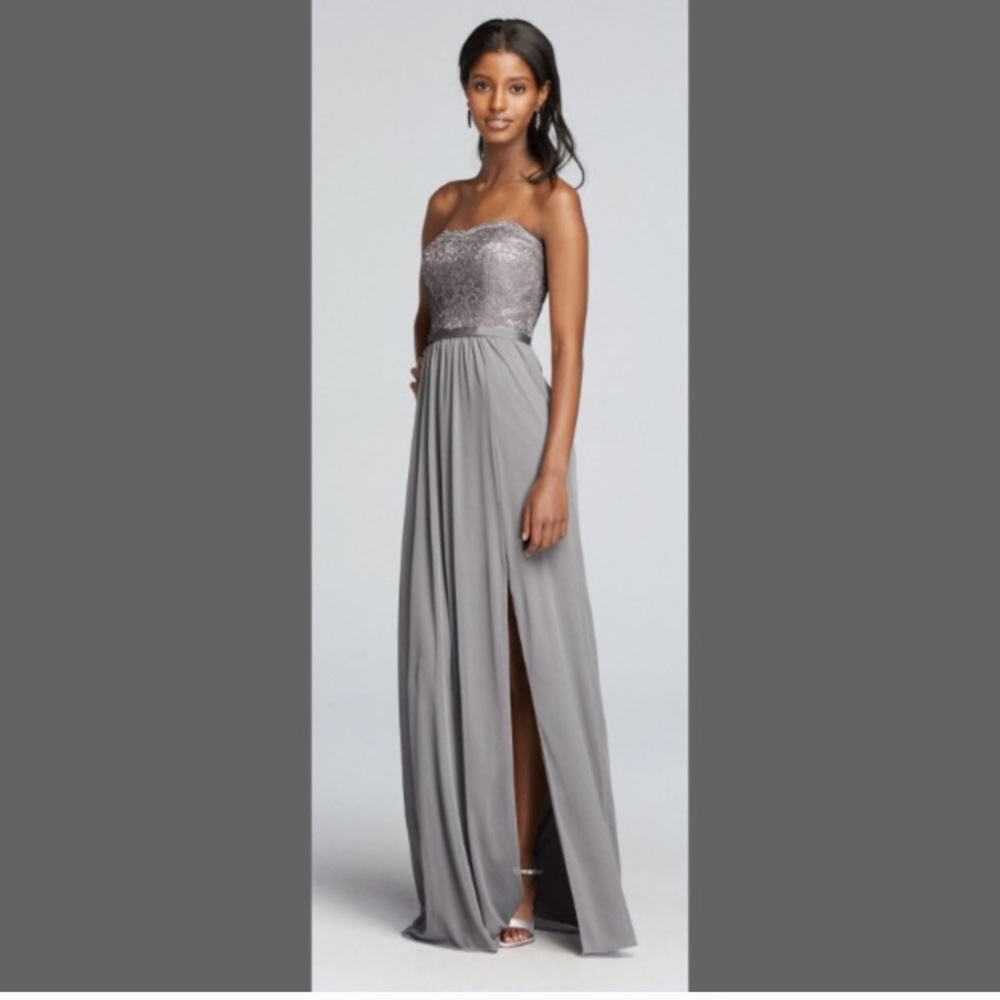 Grey davids bridal strapless gown.