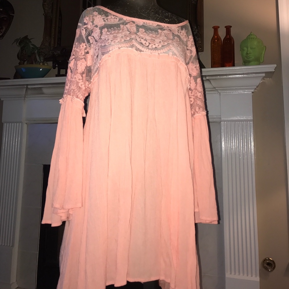 Pink Bell Sleeve Lace Detail Dress