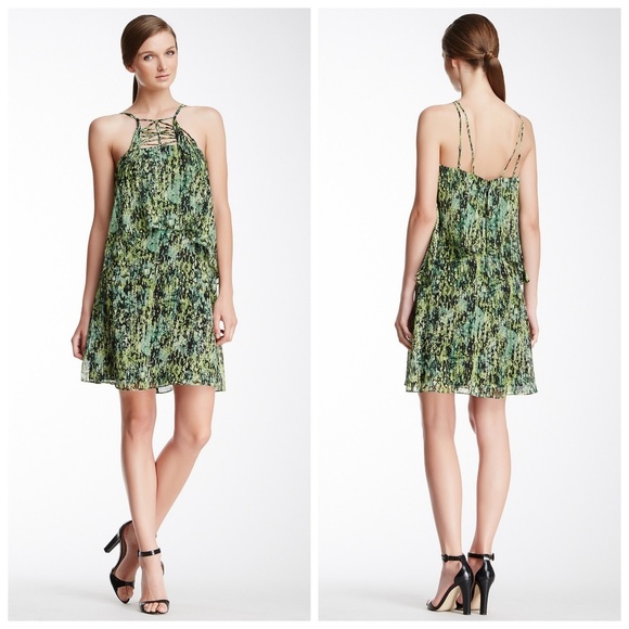 BCBG Kaia GREEN Jungle Print Silk Lattice Dress XS - Picture 1 of 5