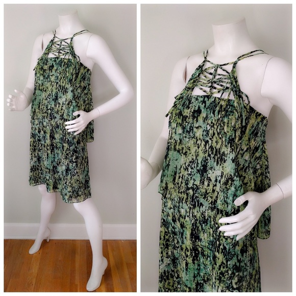BCBG Kaia GREEN Jungle Print Silk Lattice Dress XS - Picture 2 of 5