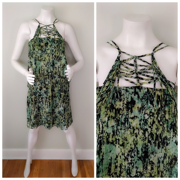 BCBG Kaia GREEN Jungle Print Silk Lattice Dress XS - Picture 3 of 5