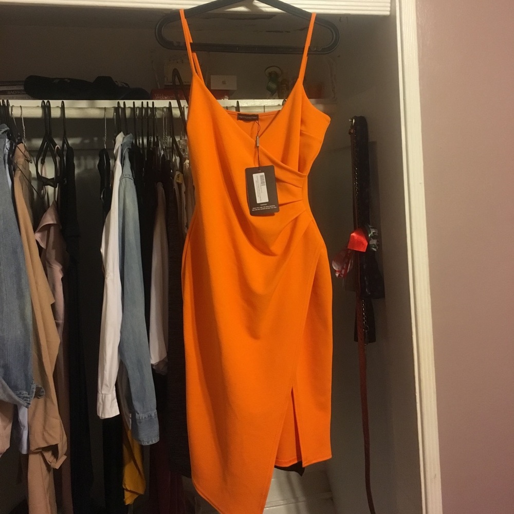 Lauriell Bright Orange Wrap Front Crepe Midi Dress