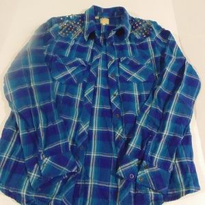 GUESS Stud Flannel Button Down Shirt Blue Aqua