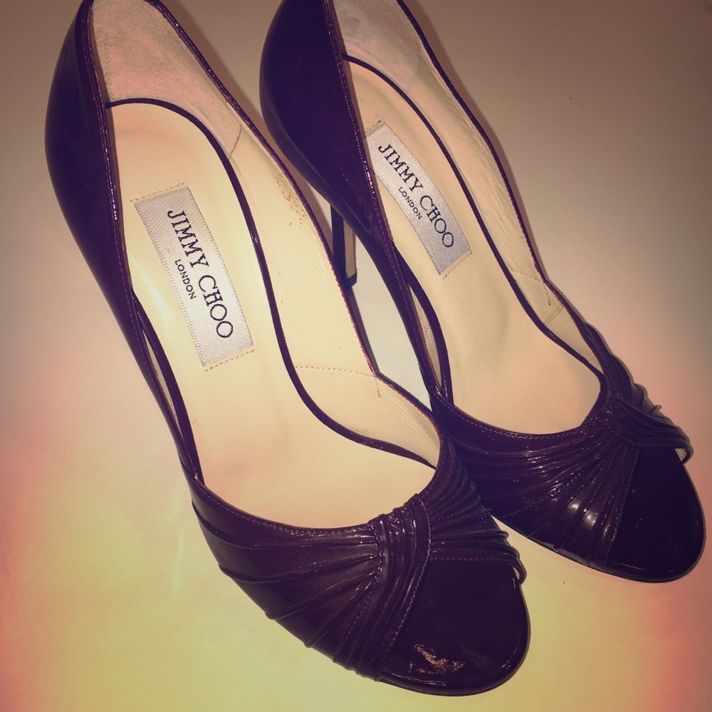 Jimmy Choo purple patten leather peep shoes