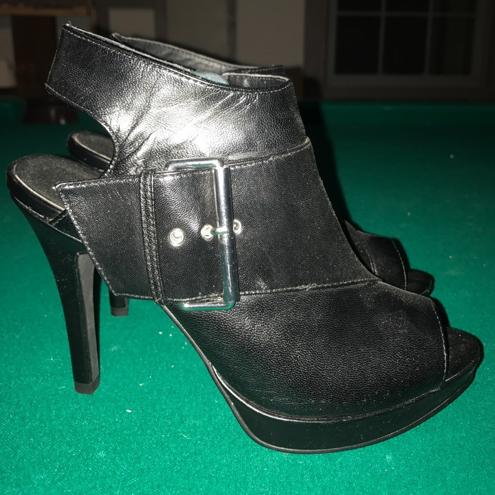 Black Leather Buckle Heels