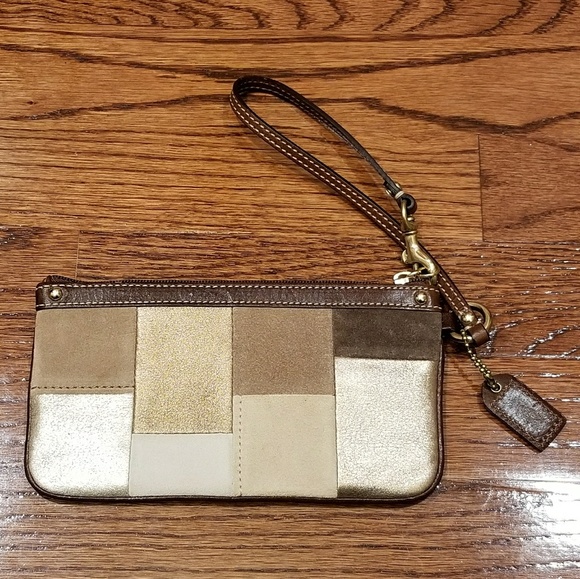 Brown Neutral Patchwork Coach Wristlet - Picture 2 of 3