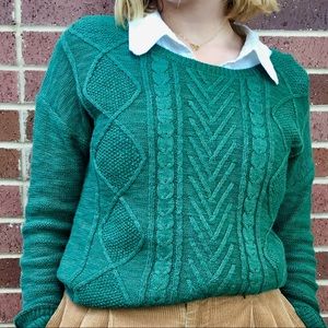 green cable knit sweater