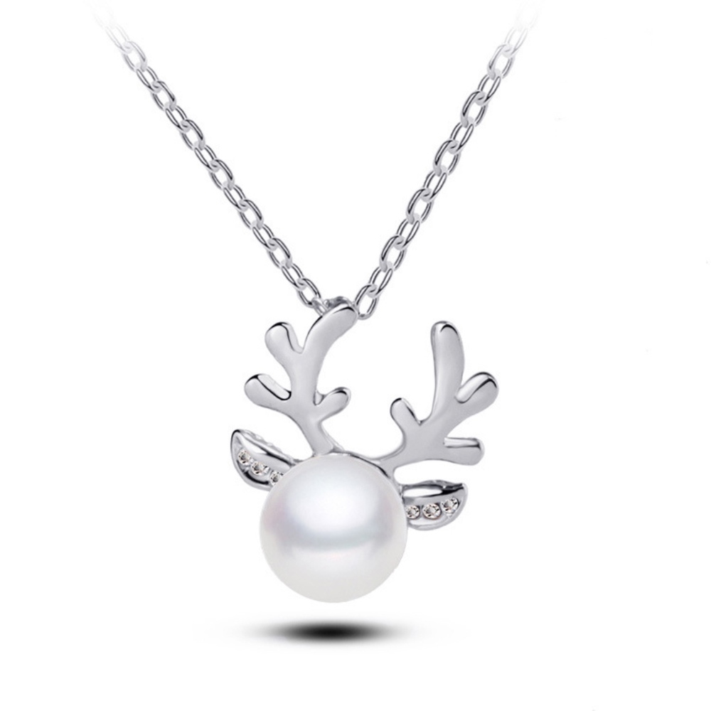 Reindeer Pearl Pendant Necklace Silver Color - Picture 1 of 1