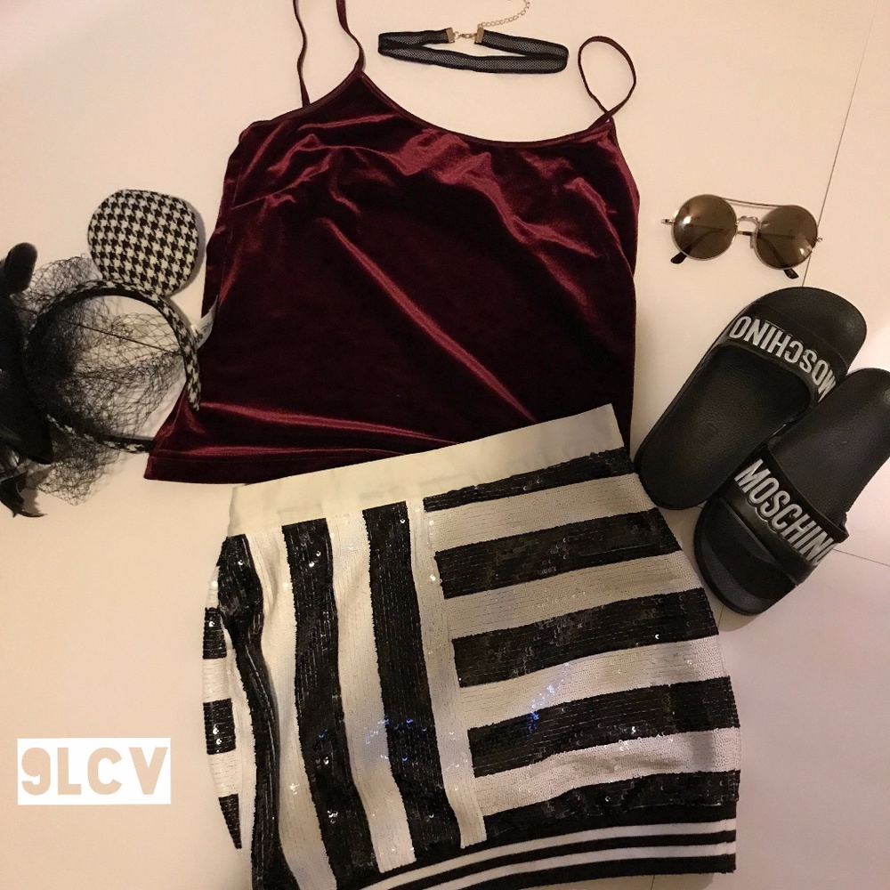 Black and White Block Striped Sequin Mini Skirt