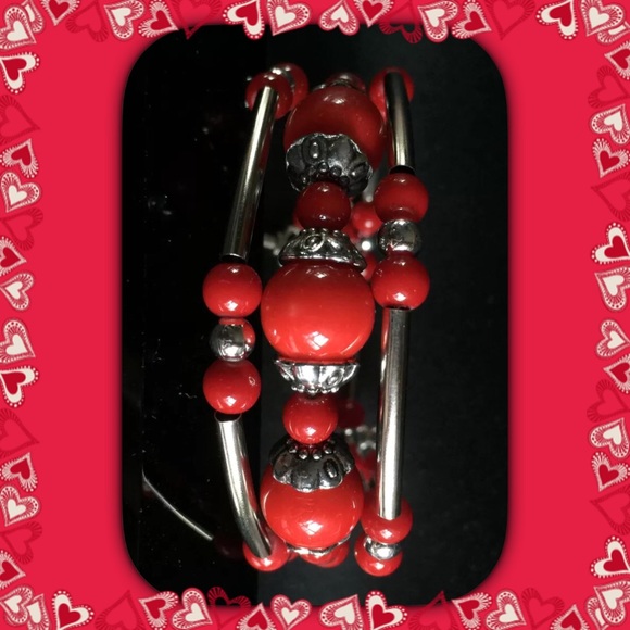🌹Pretty NEW Silver & Red Coral Wrap Brac - Picture 4 of 6