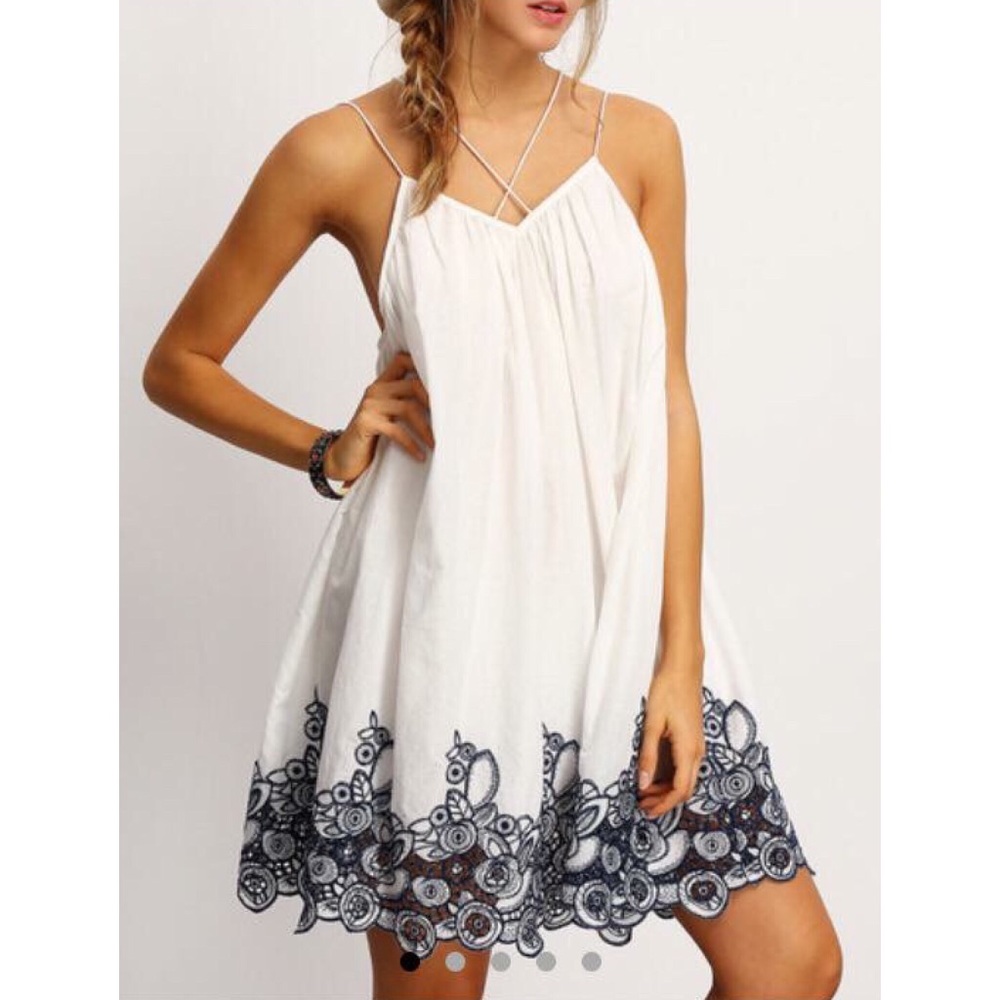 BRAND NEW White Dress w/Navy Blue Embroidery