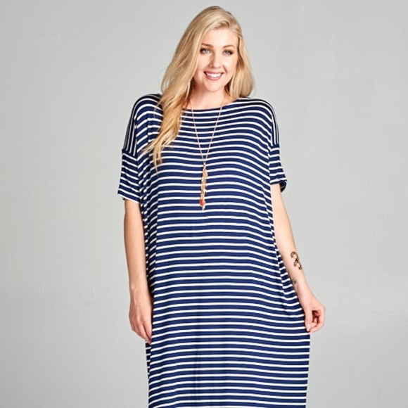 🔥🔥PLUS--Arlena Blue/Ivory Striped Midi Dress🔥🔥 - Picture 2 of 3