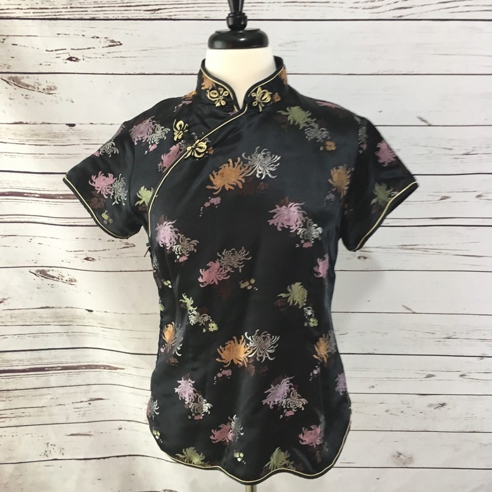 Black Floral Qi Pao Style Asian Top Sz US 10 EUC