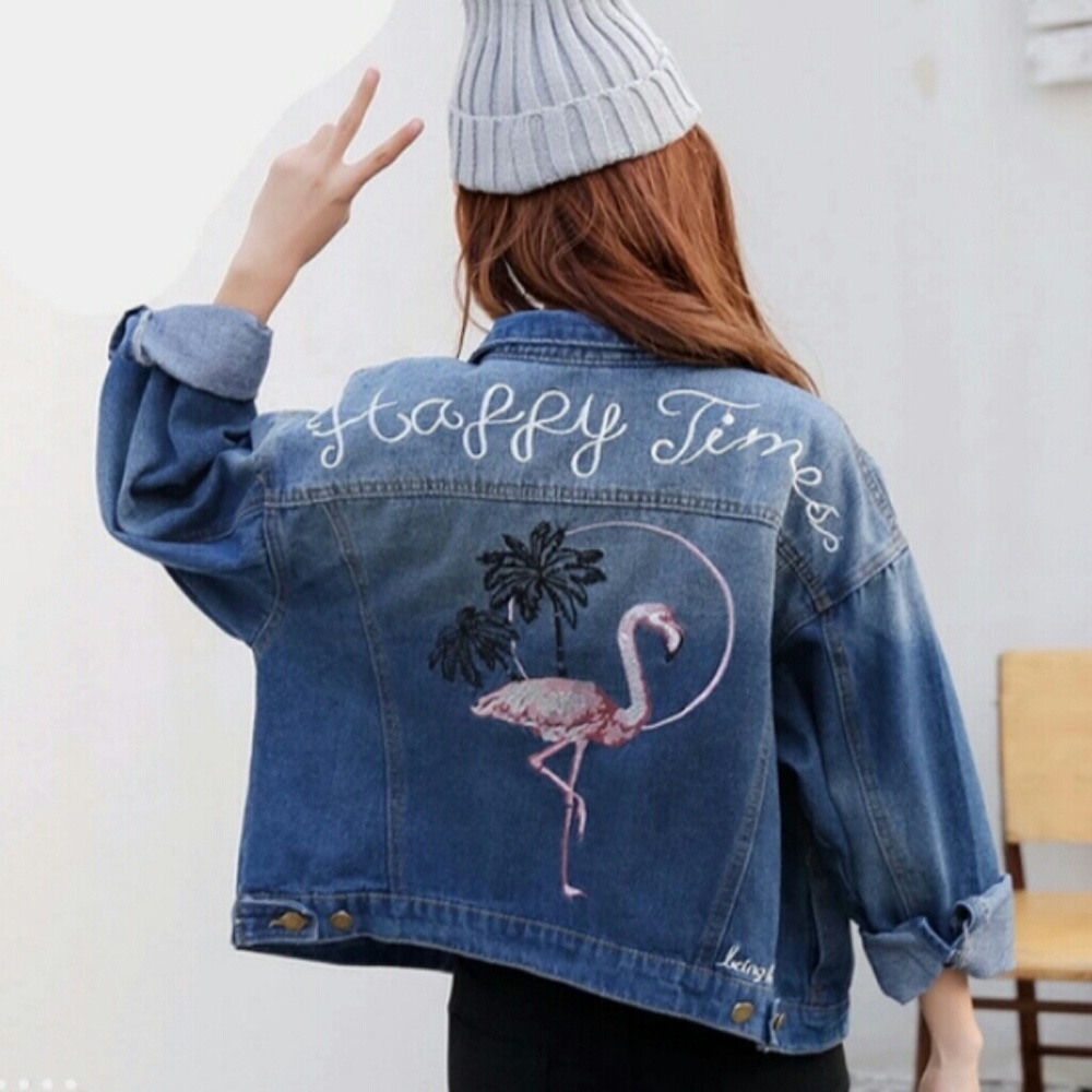 Embroidered Happy Times Pink Flamingo Jean Jacket