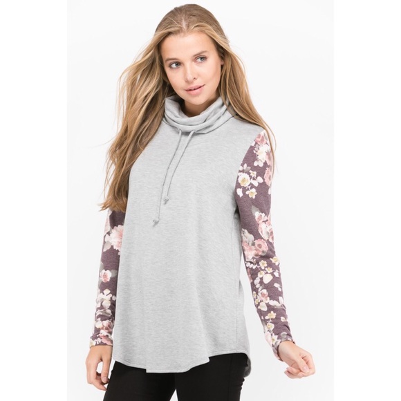 French Terry Cowl Neck Sweater with Floral Sleeves - Picture 2 of 5