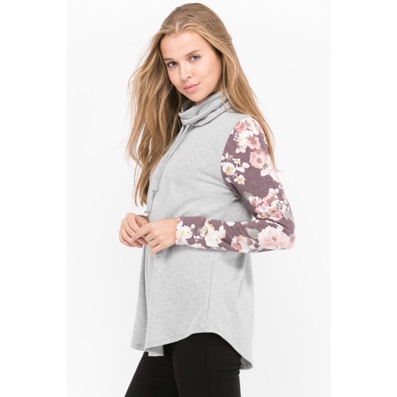 French Terry Cowl Neck Sweater with Floral Sleeves - Picture 4 of 5